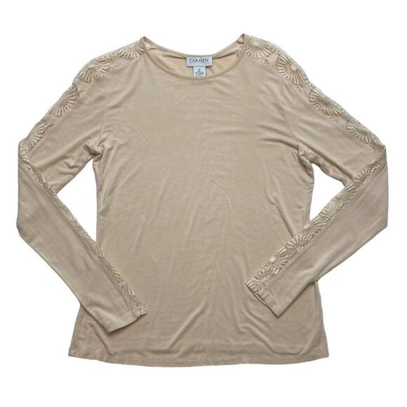 Carmen Marc Valvo Beige Round Neck‎ Long Crochet Lace Cutout Sleeve Sz Medium - Picture 4 of 7